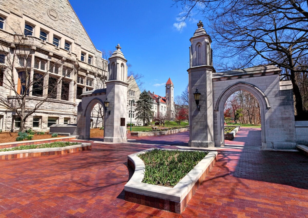 Bloomington, Indiana, USA - March 21, 2016: Daytime view of the The Sample Gates, entrance to Indiana University from Kirkwood Ave