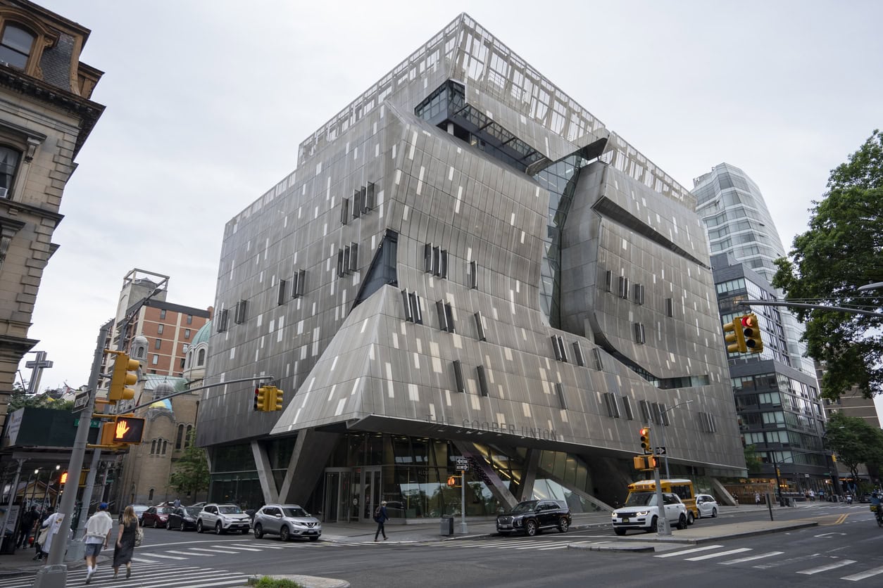 New York, NY, USA - July 5, 2022: Exterior view of the Cooper Union for the Advancement of Science and Art, a private college at Cooper Square in the East Village neighborhood of Manhattan, New York City.