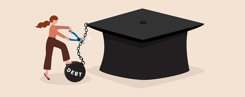 Illustration of ball and chain attaching person to grad, idea of college debt