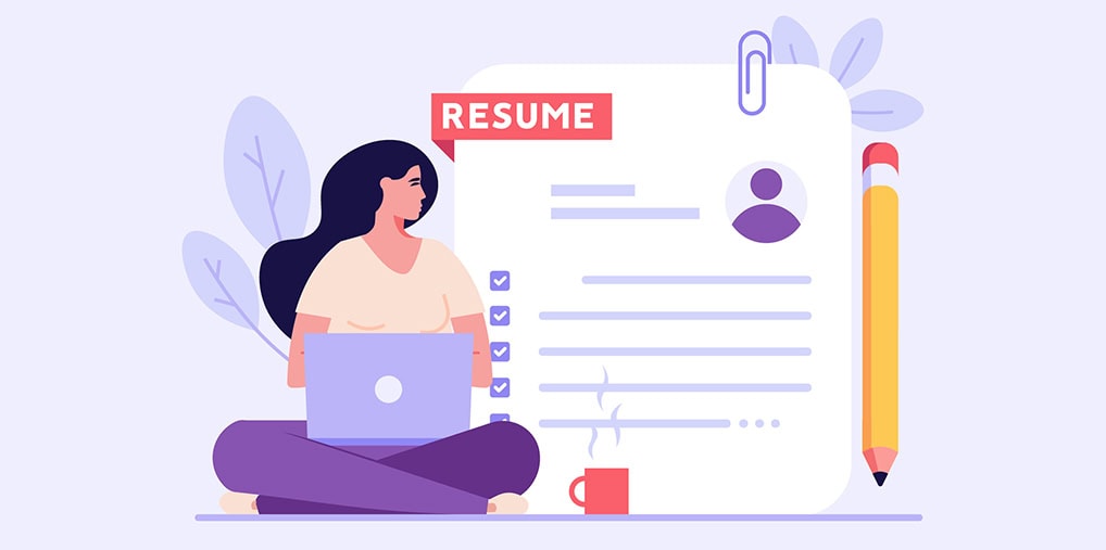 Illustration of person in front of large resume on clipboard