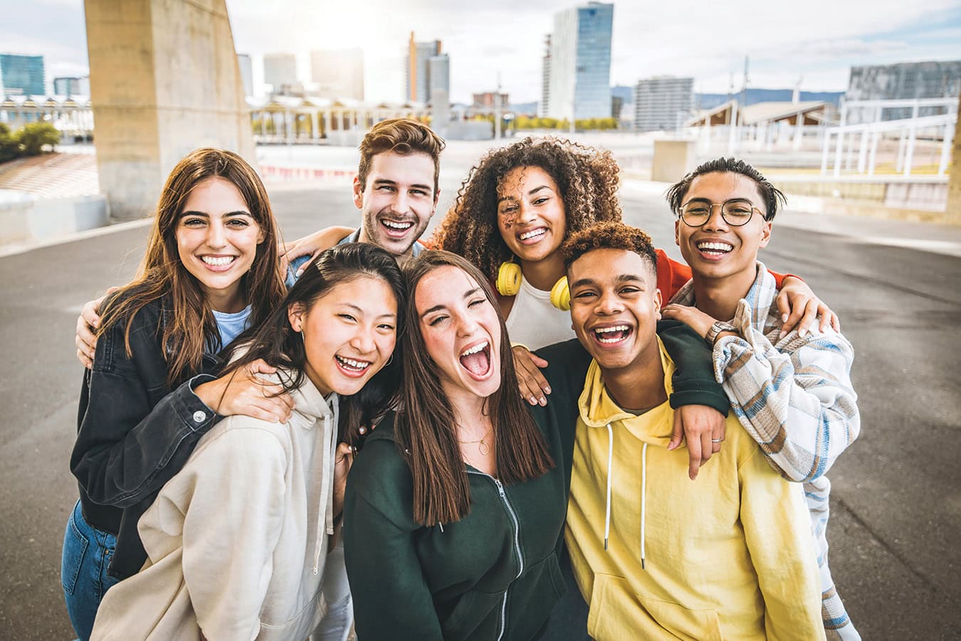 Multiracial group of friends taking selfie picture outdoors - Millennial people having fun on city street - International students smiling together at camera