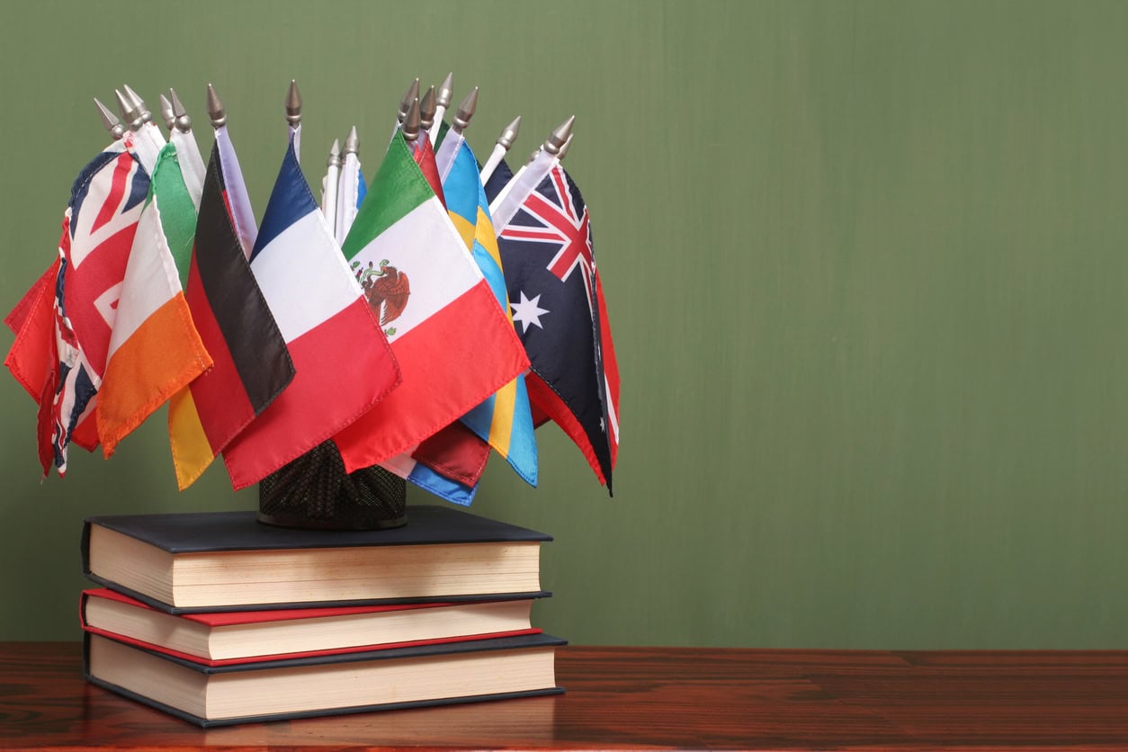 Books and flags of different countries on desk in front of green chalkboard