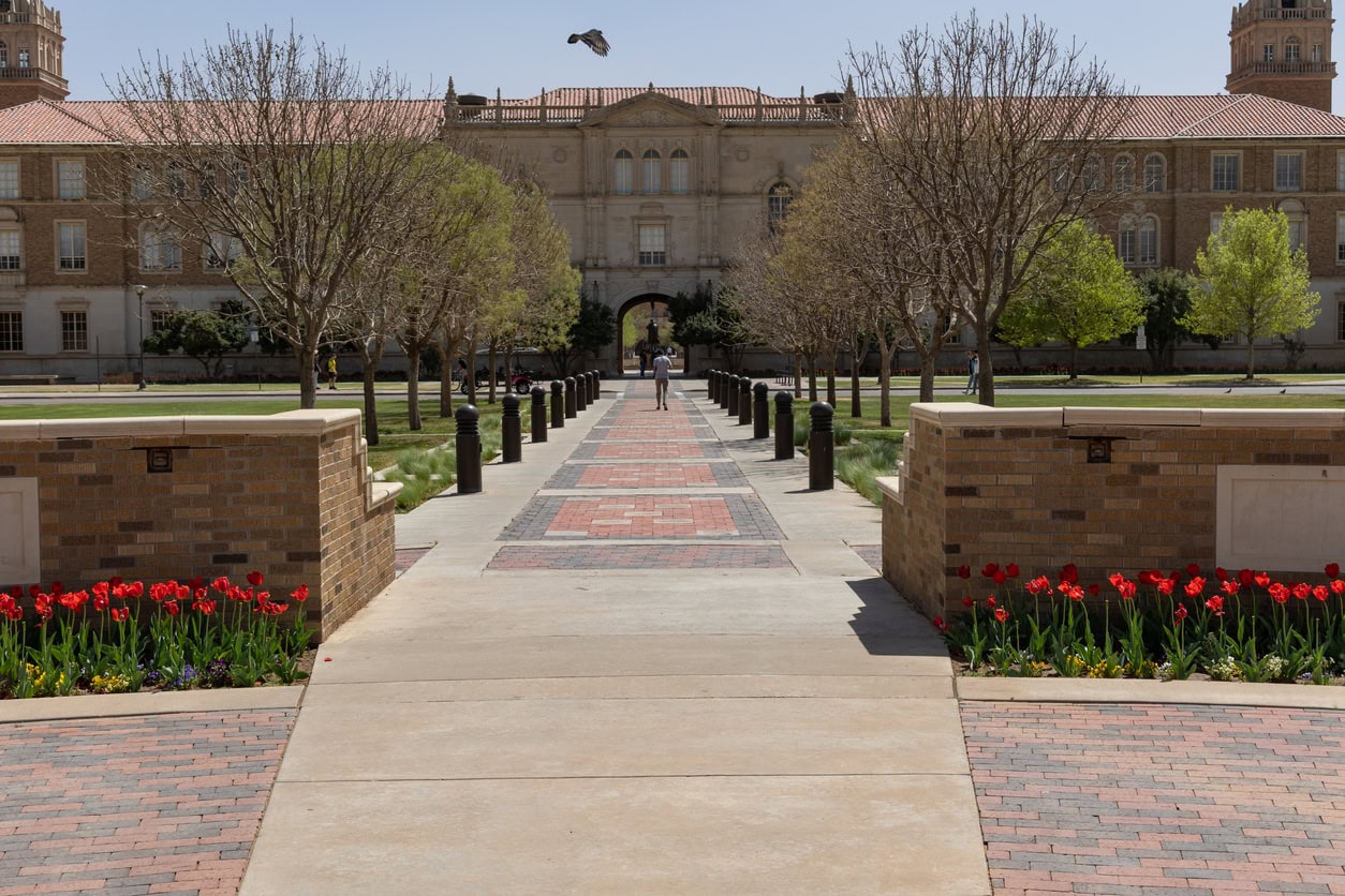 Lubbock, TX - April 13 2022: Walkway to an academic building at Texas Tech University