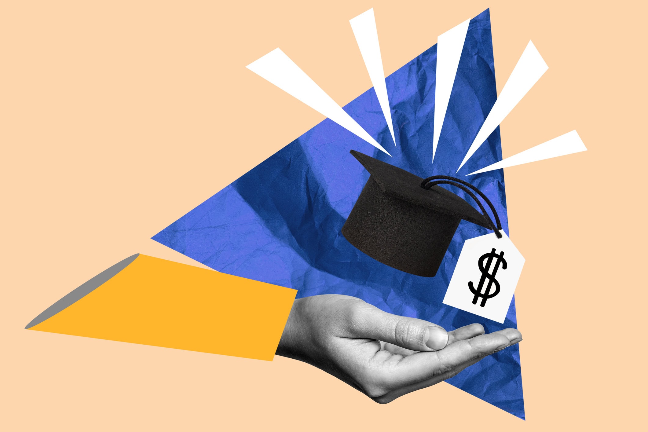 Concept of financial literacy and education. Human hand and graduation cap with dollar sign. Art collage. Business concept.
