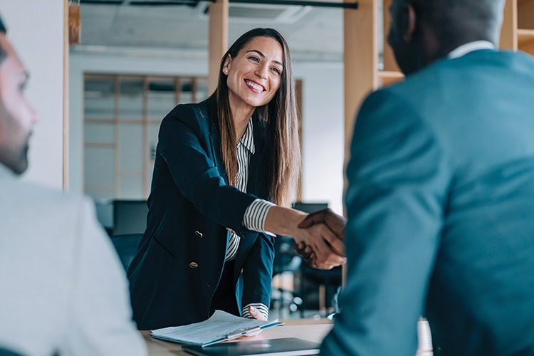 Female manager discussing new project while shaking hands