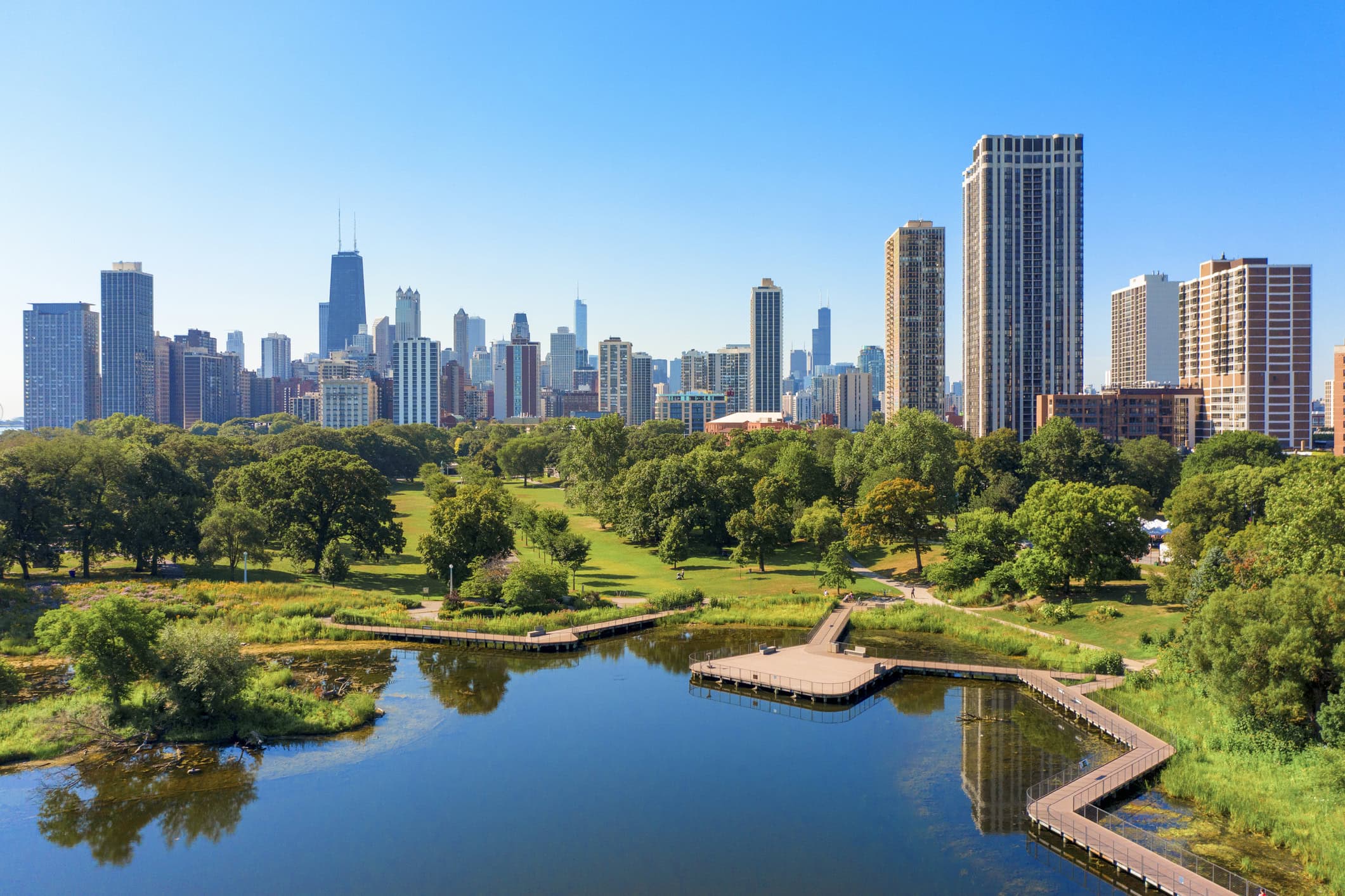 Aerial view of Lincoln Park neighborhood with Chicago skyline Aerial view of Lincoln Park neighborhood with Chicago skyline