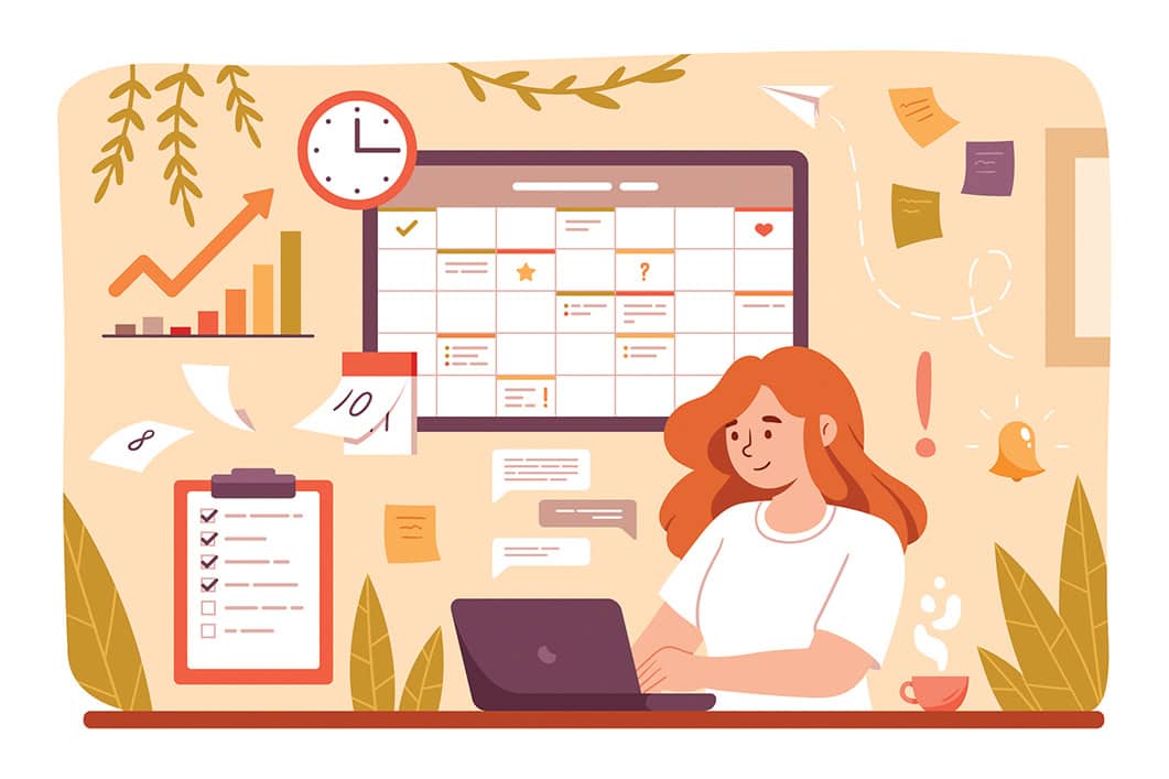 Woman planning day, scheduling tasks on laptop in calendar application or website. Business woman adding, checking, events, meetings reminders in planning app. Flat cartoon vector illustration