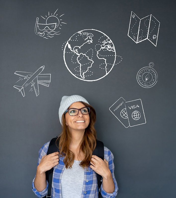 Female traveler thinking about her next trip while carrying her backpack