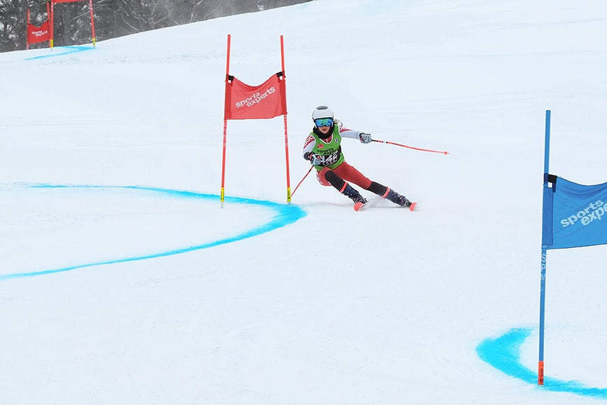 Mont Ste Marie Quebec, Canada – January 24, 2024: A ski racer competing in Quebec Super Series Giant Slalom race at Mont Ste Marie, Quebec