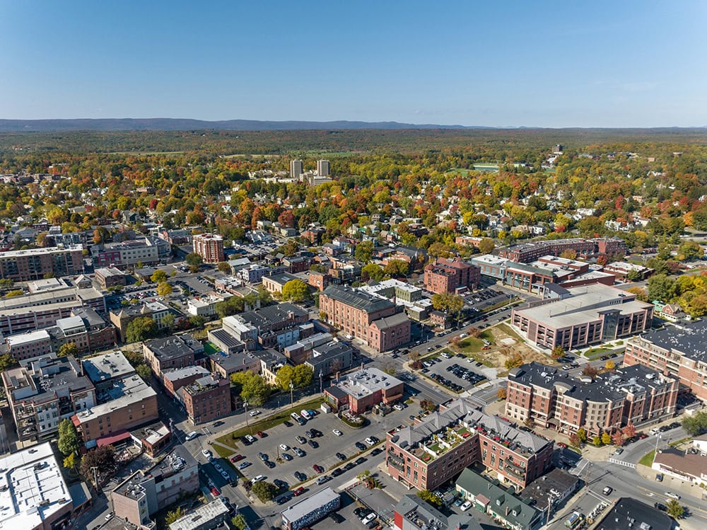 Early afternoon autumn aerial photo view of in Saratoga Springs, New York