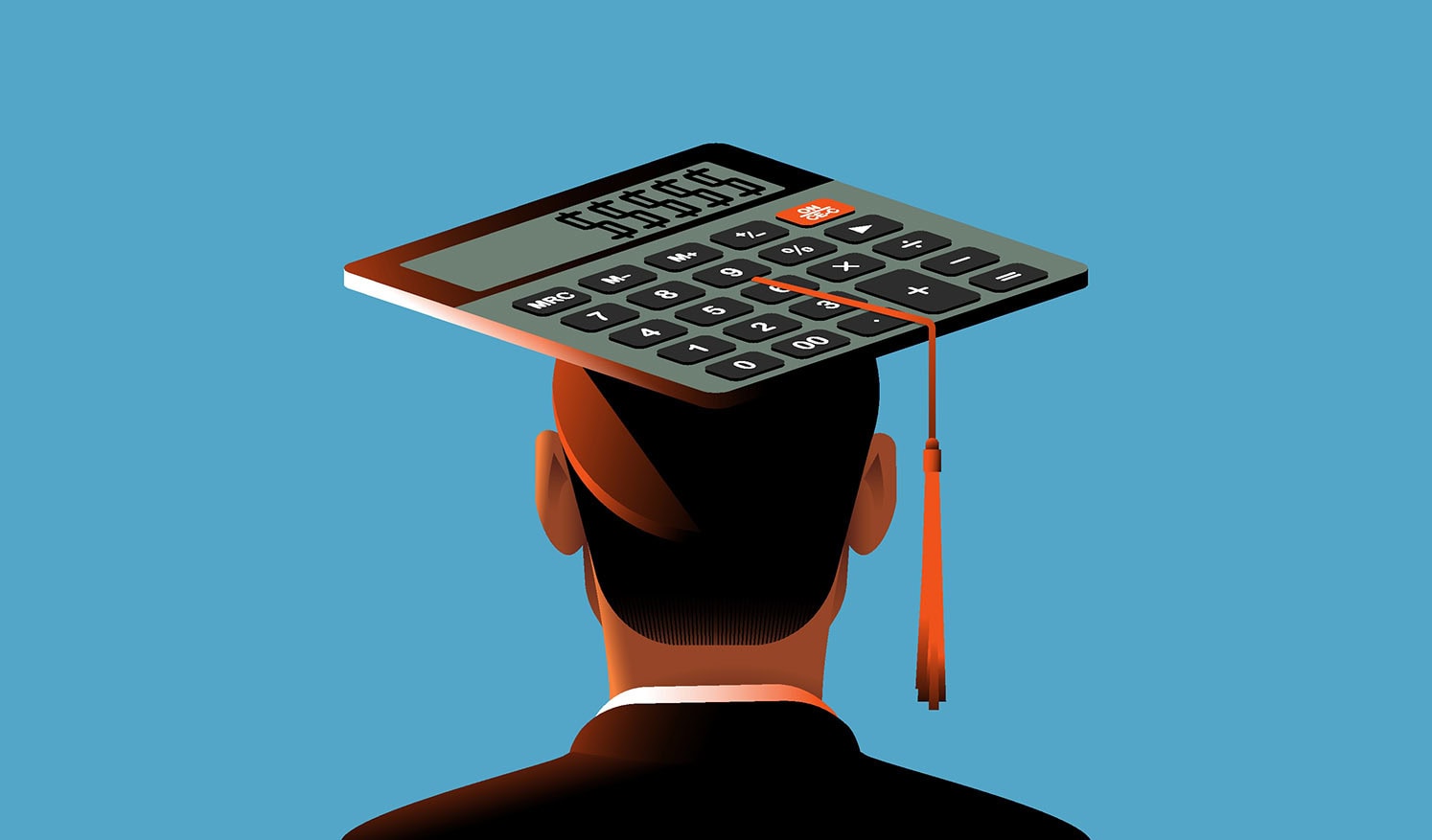 Student wearing a calculator graduation cap. Student loan, finance and education concept.